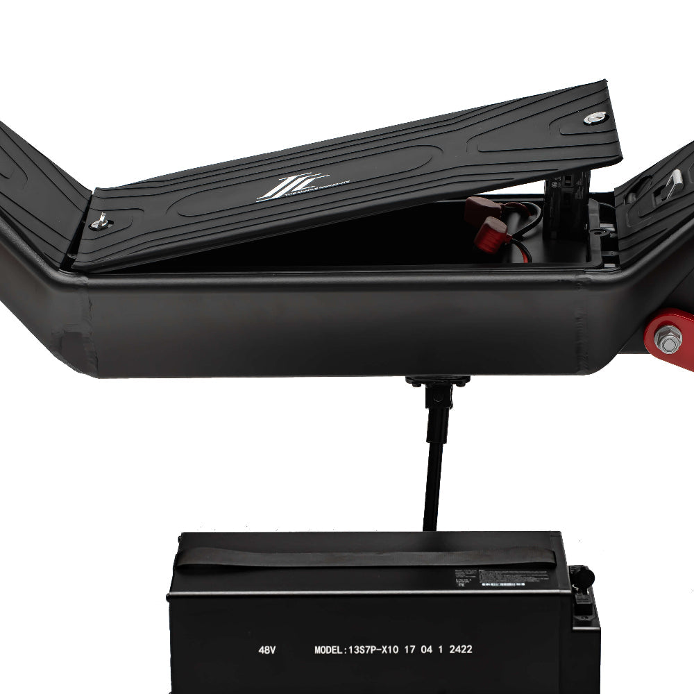 Black electric scooter with open deck showing internal components on a white background