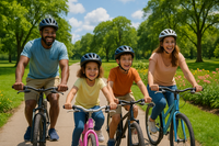 family fun riding bikes in a park