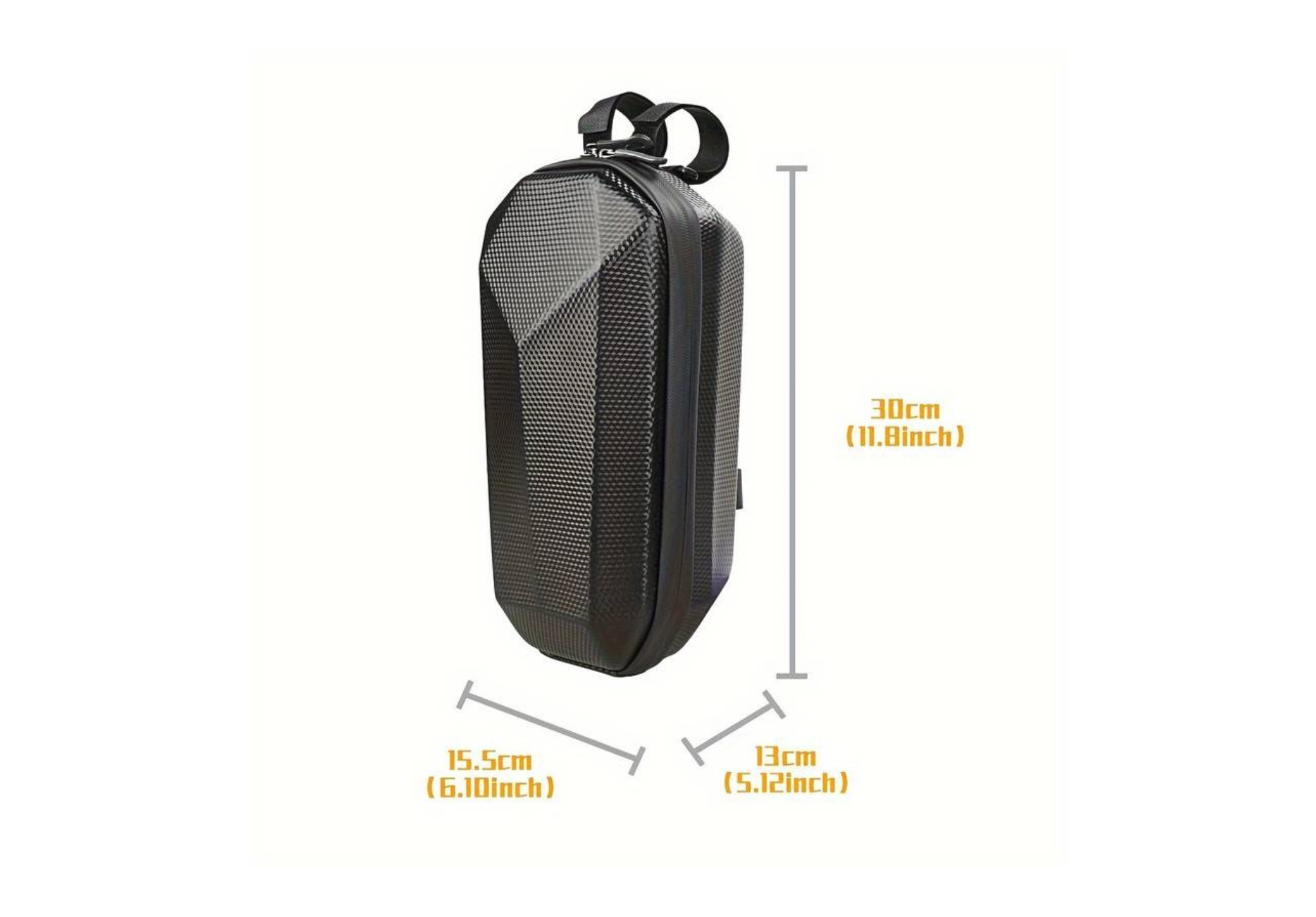 Hard shell bag for electric scooters with dimensions, offering durable and secure storage for accessories, tools, and personal items during commutes and rides